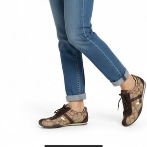 Coach Brown Logo-Print Lace-Up Flats with Gold Accent